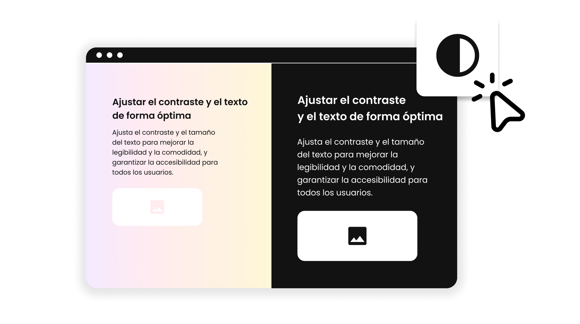 Ventana del navegador dividida que muestra los modos claro y oscuro uno al lado del otro, ilustrando las opciones de ajuste del contraste y el tamaño del texto para facilitar la accesibilidad.