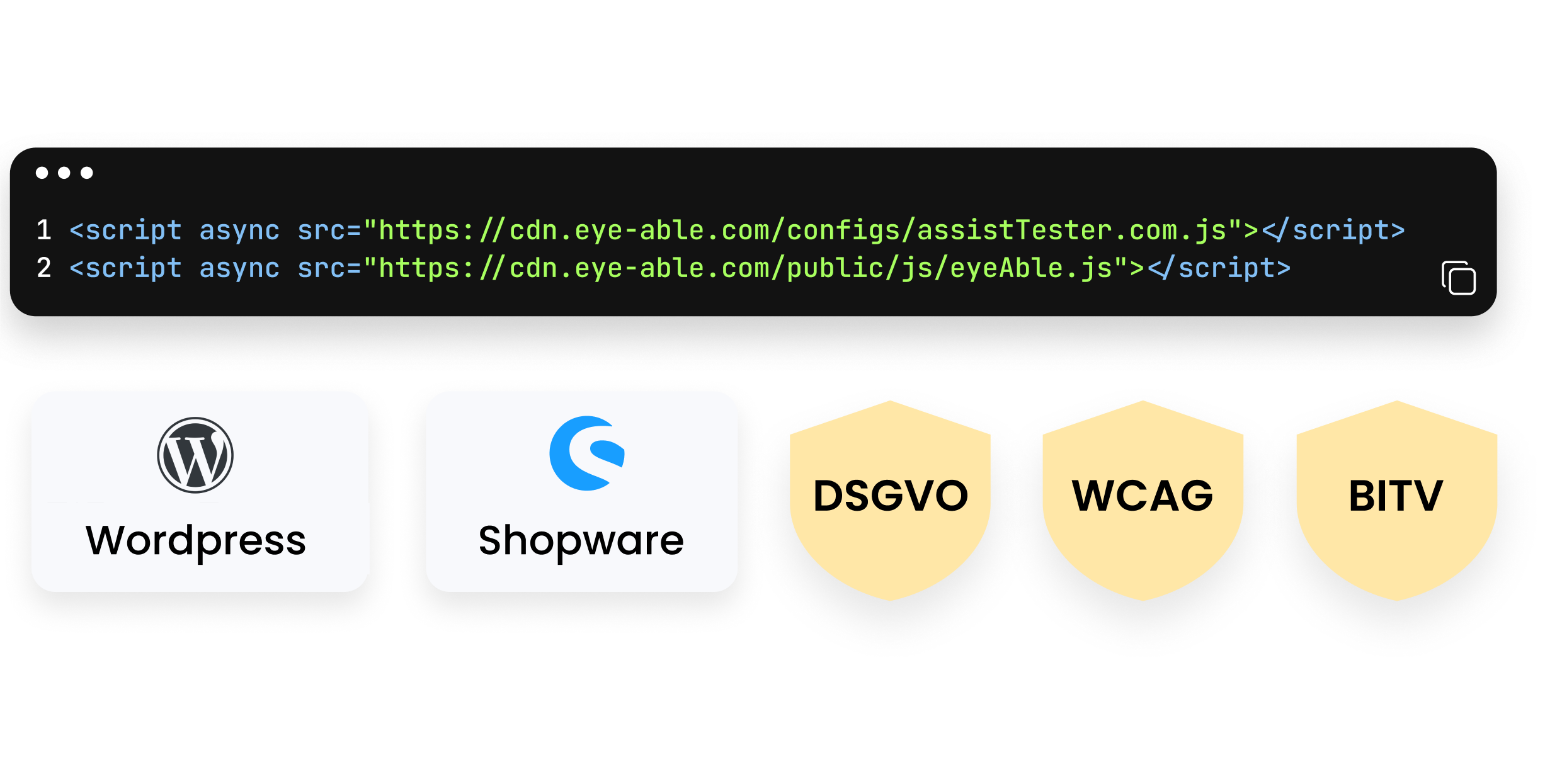 Integration of a script with logos of WordPress, Shopware, as well as GDPR, BITV, and WCAG compliance.