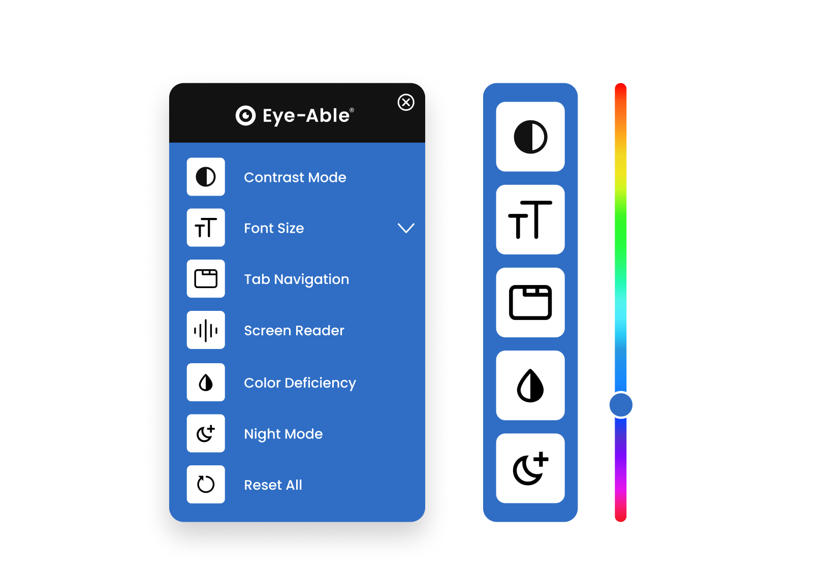 Interface of Eye-Able assistive toolbar with icons for accessibility tools including contrast, font size, navigation, screenreader, and color adjustments