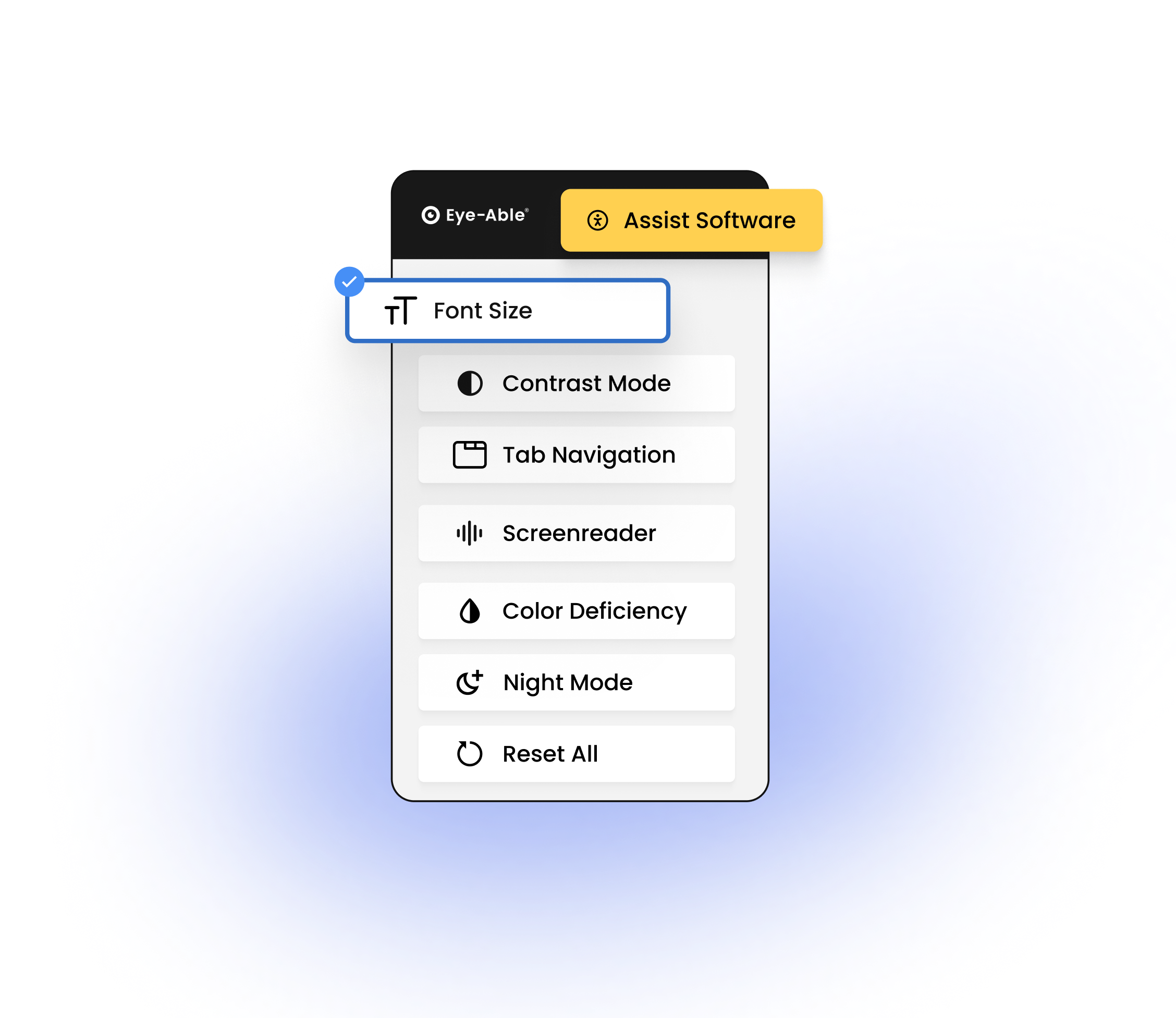 User interface of the Eye-Able assistive software showing features such as font size, contrast mode, tab navigation, screenreader, color deficiency mode, night mode, and reset function.