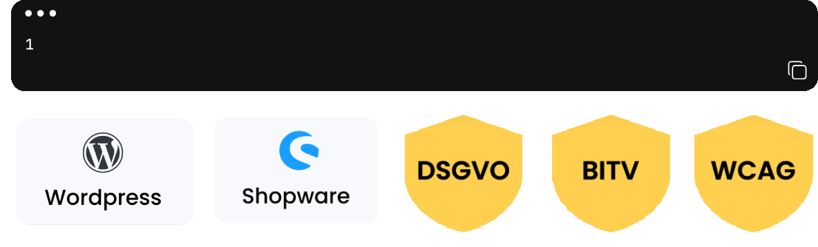 Einbindung eines Skripts mit Logos von WordPress, Shopware sowie DSGVO-, BITV- und WCAG-Konformität.