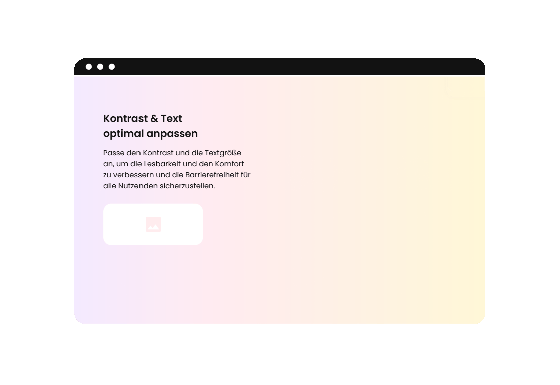 Das Browserfenster zeigt den Kontrastmodus und veranschaulicht die Optionen zur Anpassung von Textgröße für die Barrierefreiheit.