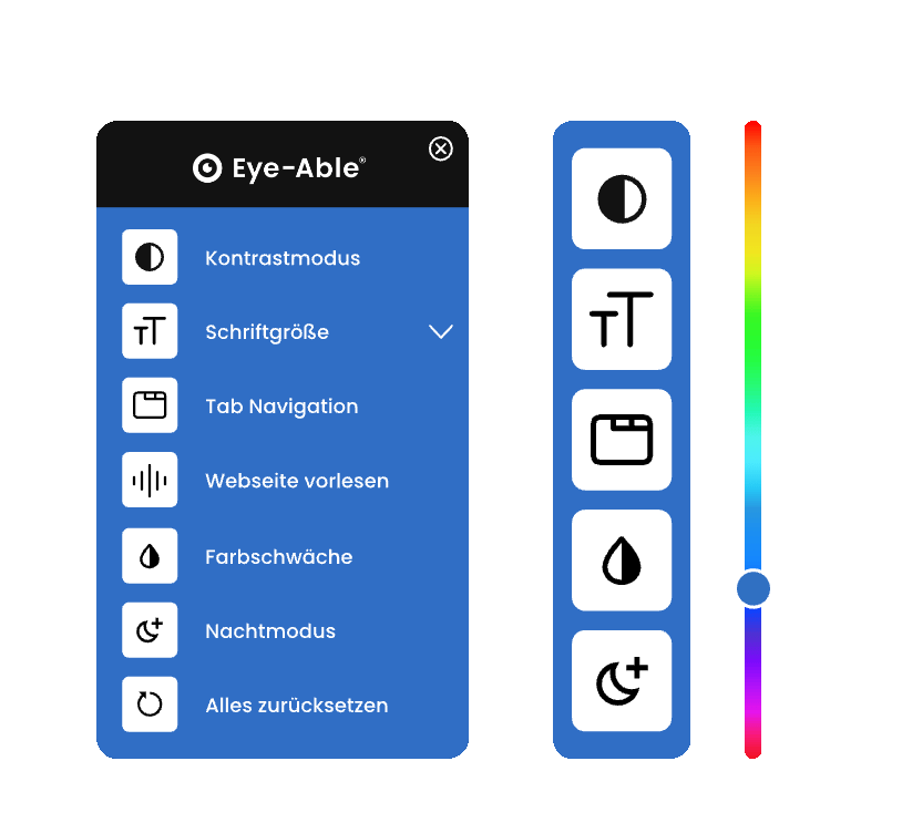 Eye-Able Assist Symbolleiste für Barrierefreiheit, einschließlich Kontrast, Schriftgröße, Navigation, Screenreader und Farbeinstellungen.
