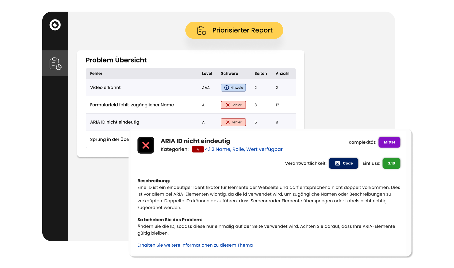 Barrierefreiheitsbericht mit hervorgehobenen Problemen wie fehlende zugängliche Namen und doppelte ARIA-IDs, inklusive Schweregrad, Seitenanzahl und Handlungsempfehlungen.