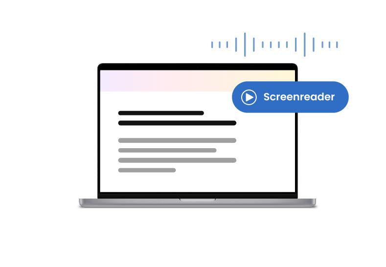 Laptop screen displaying a website with highlighted text and a blue button labeled Screenreader, indicating text-to-speech functionality