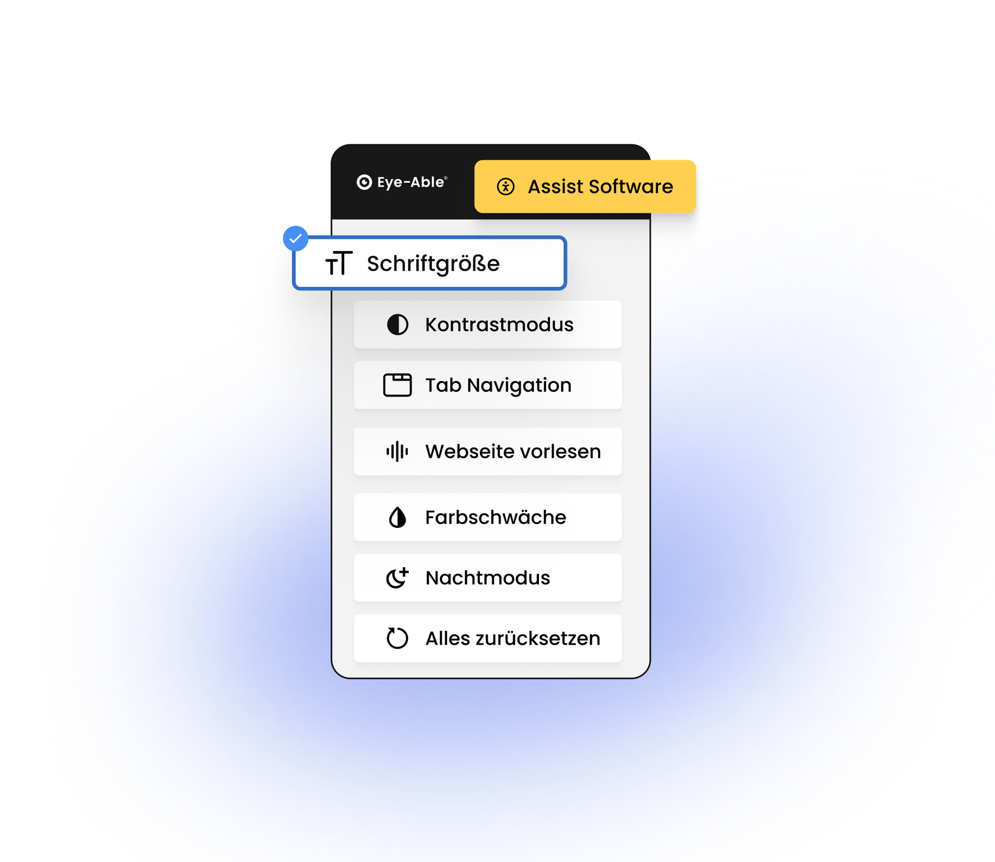 Benutzeroberfläche der Eye-Able Assistenzsoftware mit Funktionen wie Schriftgröße, Kontrastmodus, Tab-Navigation, Vorlesefunktion, Farbmodus für Farbfehlsichtigkeit, Nachtmodus und Zurücksetzen