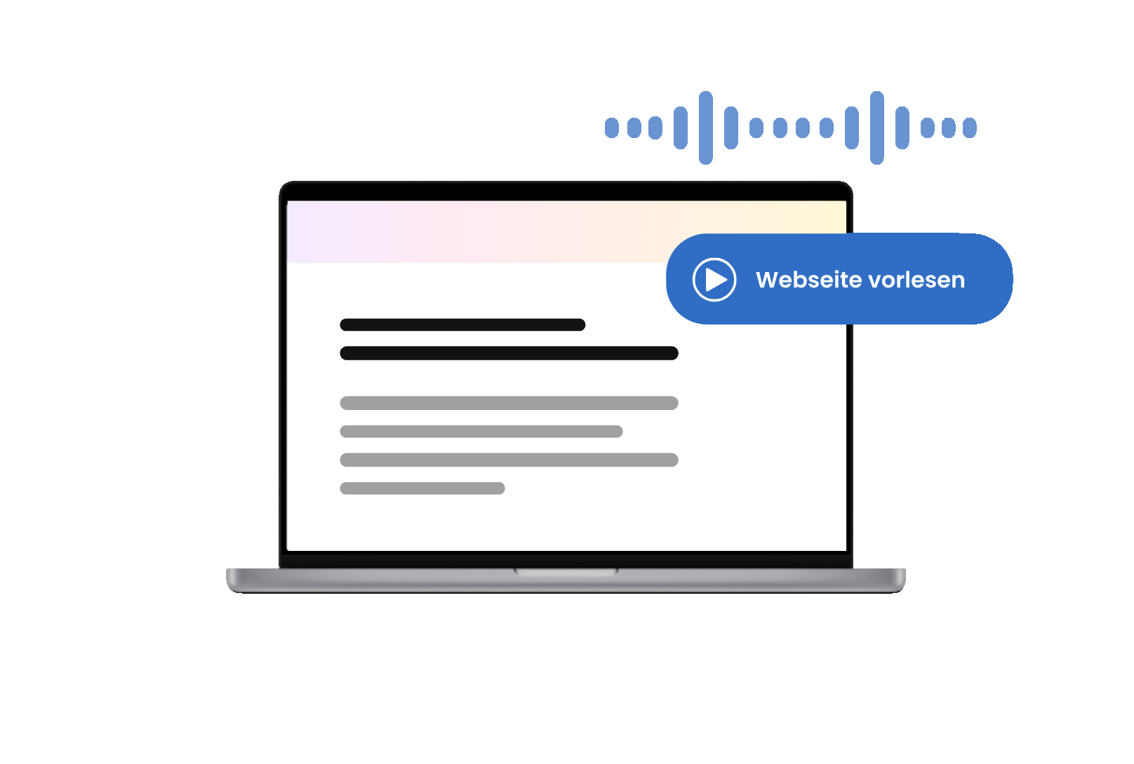 Laptop-Bildschirm, der eine Website mit hervorgehobenem Text und einer blauen Schaltfläche mit der Aufschrift Webseite vorlesen anzeigt.