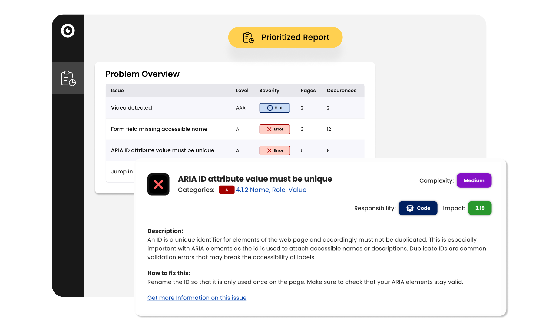 Accessibility report highlighting issues like missing accessible names and duplicate ARIA IDs, with severity levels, page counts, and fix recommendations.